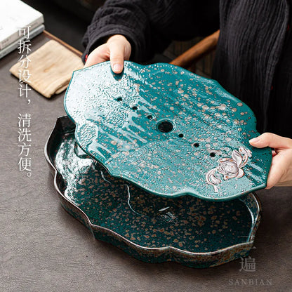 Three Times Stoneware Kiln Baked Charm of Lotus Tea Tray Drainage Water Storage Dual-Purpose Drain Teapot Platform Kung Fu Tea