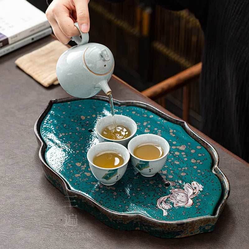 Three Times Stoneware Kiln Baked Charm of Lotus Tea Tray Drainage Water Storage Dual-Purpose Drain Teapot Platform Kung Fu Tea