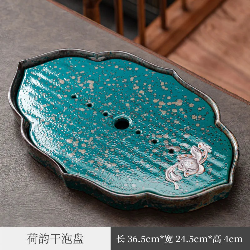 Three Times Stoneware Kiln Baked Charm of Lotus Tea Tray Drainage Water Storage Dual-Purpose Drain Teapot Platform Kung Fu Tea