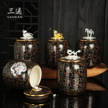 Three Times Traditional Paint Silver Plated Tea Pot Japanese Creative Seal Ceramic Tea Jar Storage Small Tea Container