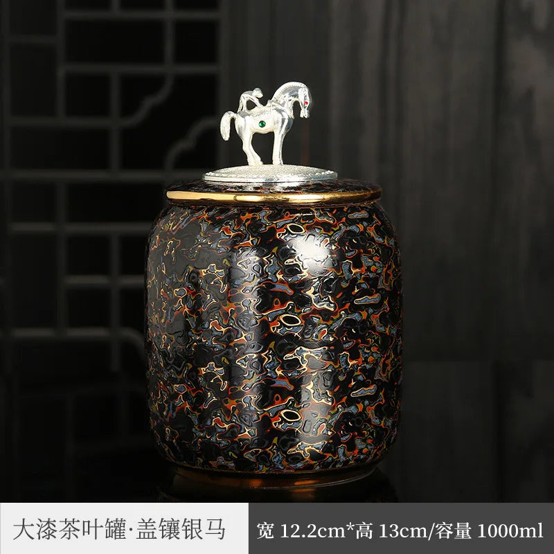 Three Times Traditional Paint Silver Plated Tea Pot Japanese Creative Seal Ceramic Tea Jar Storage Small Tea Container