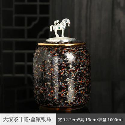 Three Times Traditional Paint Silver Plated Tea Pot Japanese Creative Seal Ceramic Tea Jar Storage Small Tea Container
