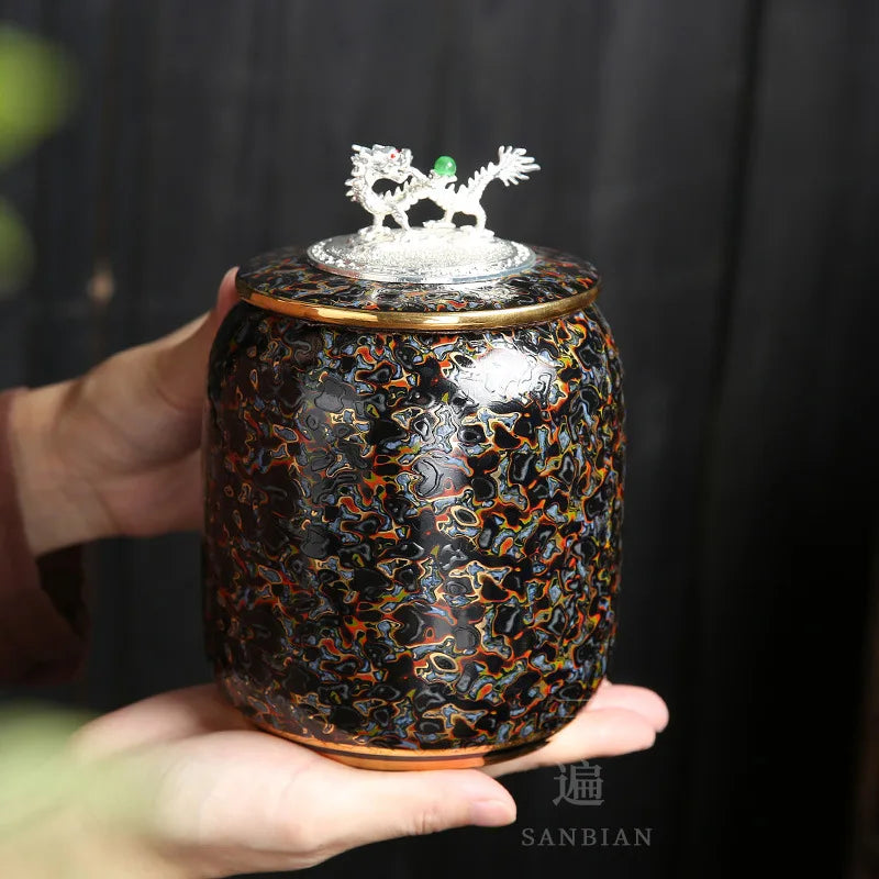 Three Times Traditional Paint Silver Plated Tea Pot Japanese Creative Seal Ceramic Tea Jar Storage Small Tea Container