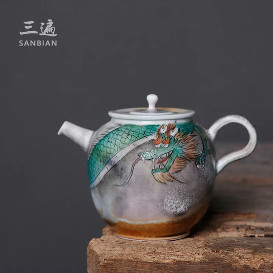 Three Times Underglaze Handmade Hand-Painted Xianglong Teapot Single Teapot Side Ear Pot Porcelain Kung Fu Tea Set Household F