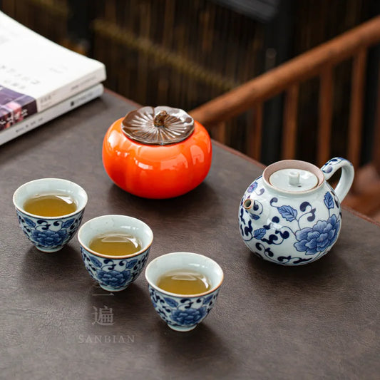Three Times Vintage Blue and White Porcelain Master Cup Large Tea Cup Teapot Kung Fu Tea Set Single Cup Ceramic Single Pot Tur