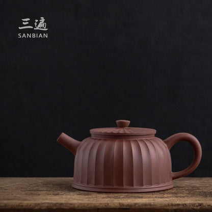 Three Times Yixing Purple Clay Pot Famous Traditional Handmade Home Gongfu Teapot Raw Ore Purple Clay Rib Pattern Dezhong Teap