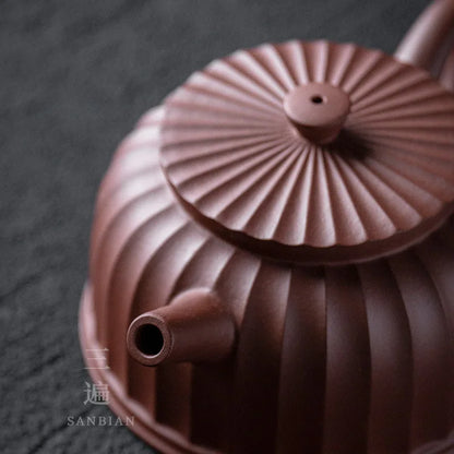 Three Times Yixing Purple Clay Pot Famous Traditional Handmade Home Gongfu Teapot Raw Ore Purple Clay Rib Pattern Dezhong Teap