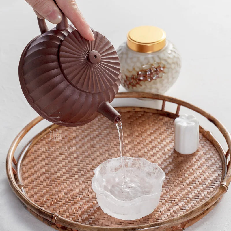 Three Times Yixing Purple Clay Pot Famous Traditional Handmade Home Gongfu Teapot Raw Ore Purple Clay Rib Pattern Dezhong Teap
