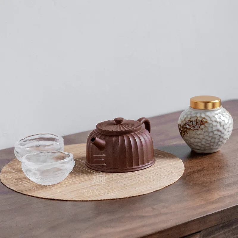 Three Times Yixing Purple Clay Pot Famous Traditional Handmade Home Gongfu Teapot Raw Ore Purple Clay Rib Pattern Dezhong Teap