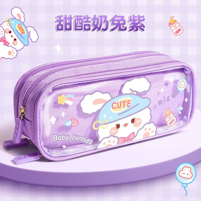 Three-layer Large-capacity Transparent Pencil Case Cute Print Wear-resistant Waterproof Pupil Stationery Storage Box