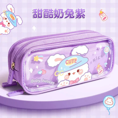Three-layer Large-capacity Transparent Pencil Case Cute Print Wear-resistant Waterproof Pupil Stationery Storage Box