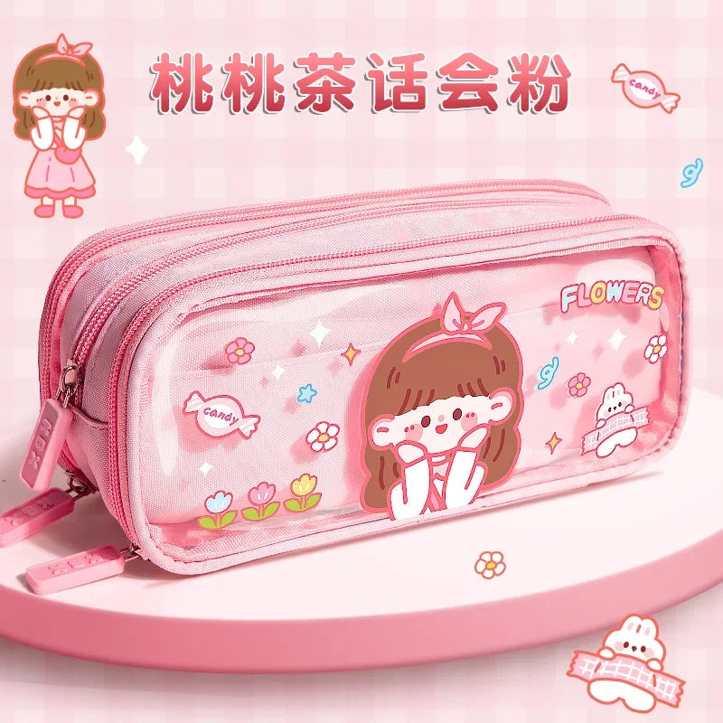 Three-layer Large-capacity Transparent Pencil Case Cute Print Wear-resistant Waterproof Pupil Stationery Storage Box