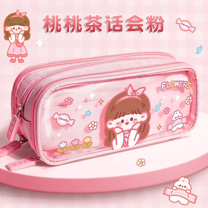 Three-layer Large-capacity Transparent Pencil Case Cute Print Wear-resistant Waterproof Pupil Stationery Storage Box