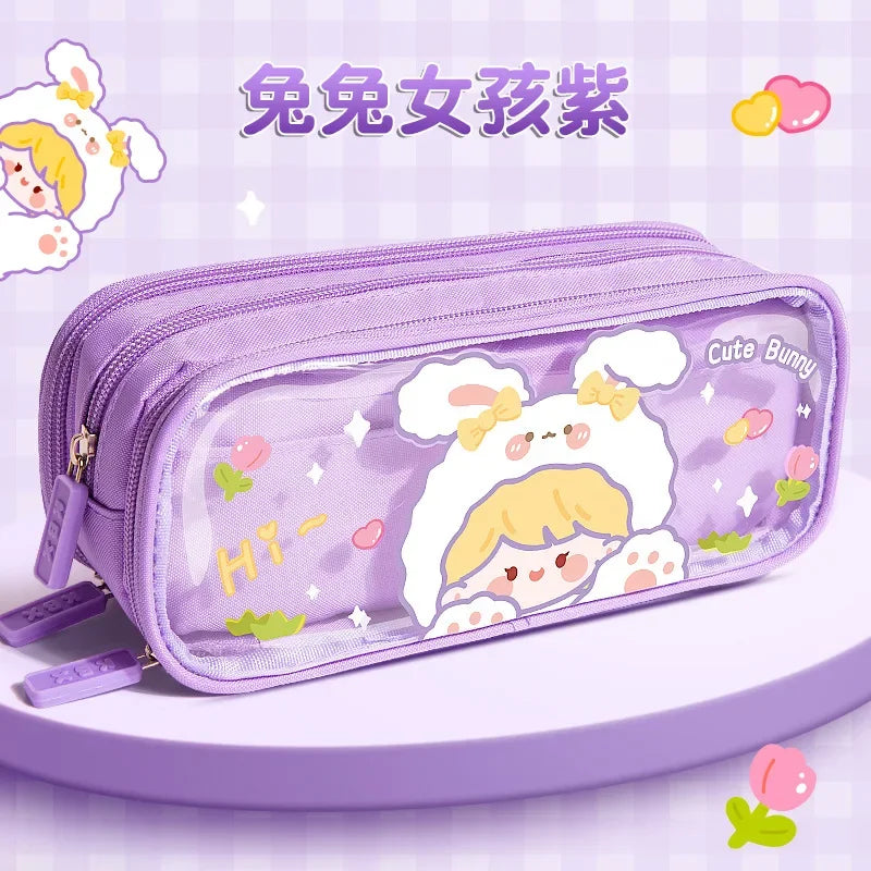 Three-layer Large-capacity Transparent Pencil Case Cute Print Wear-resistant Waterproof Pupil Stationery Storage Box