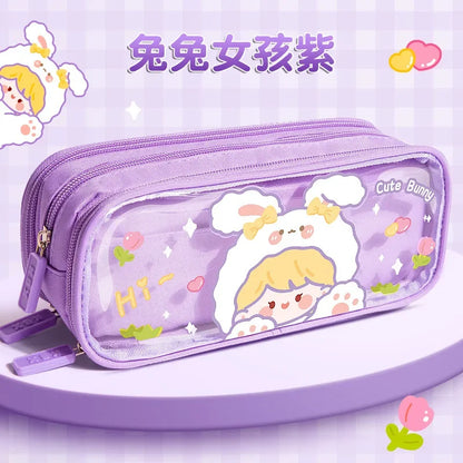 Three-layer Large-capacity Transparent Pencil Case Cute Print Wear-resistant Waterproof Pupil Stationery Storage Box