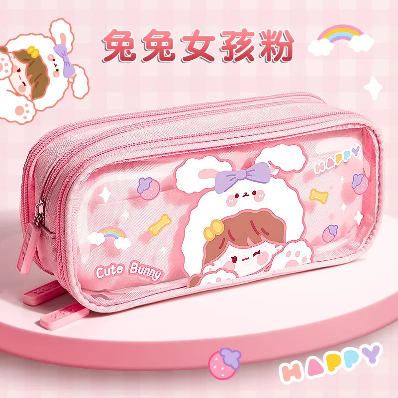 Three-layer Large-capacity Transparent Pencil Case Cute Print Wear-resistant Waterproof Pupil Stationery Storage Box