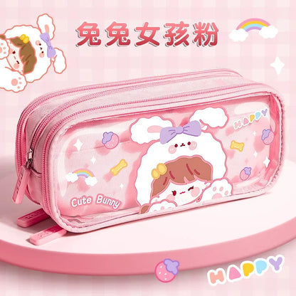 Three-layer Large-capacity Transparent Pencil Case Cute Print Wear-resistant Waterproof Pupil Stationery Storage Box