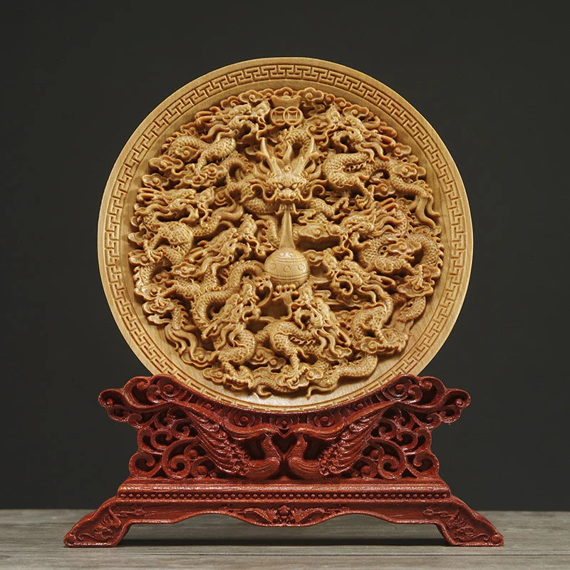 Thuja Wood 14CM Decorative Dish Sculpture Boat Wood Wealth Carving Lucky Gift Collection Dragon Phoenix Home Decor