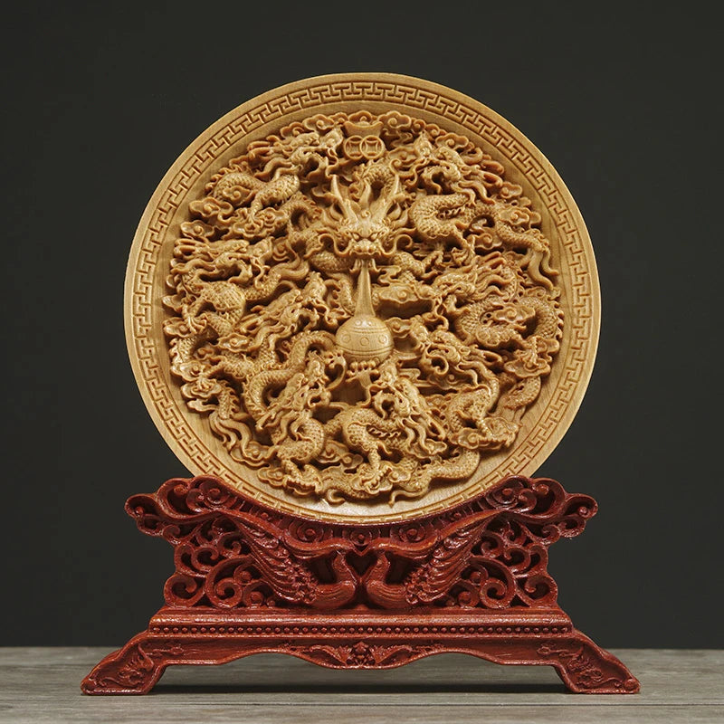 Thuja Wood 14CM Decorative Dish Sculpture Boat Wood Wealth Carving Lucky Gift Collection Dragon Phoenix Home Decor