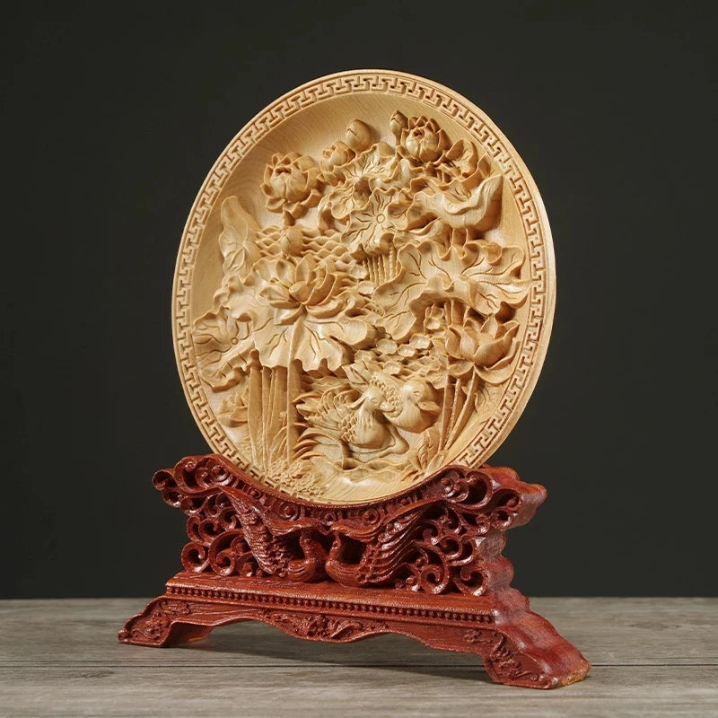 Thuja Wood 14CM Decorative Dish Sculpture Boat Wood Wealth Carving Lucky Gift Collection Dragon Phoenix Home Decor