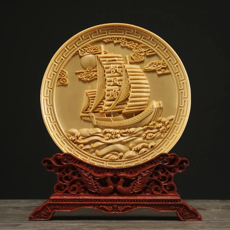 Thuja Wood 14CM Decorative Dish Sculpture Boat Wood Wealth Carving Lucky Gift Collection Dragon Phoenix Home Decor