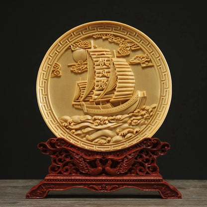 Thuja Wood 14CM Decorative Dish Sculpture Boat Wood Wealth Carving Lucky Gift Collection Dragon Phoenix Home Decor