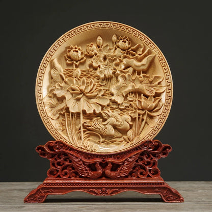 Thuja Wood 14CM Decorative Dish Sculpture Boat Wood Wealth Carving Lucky Gift Collection Dragon Phoenix Home Decor