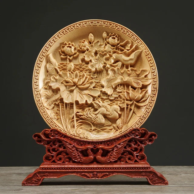 Thuja Wood 14CM Decorative Dish Sculpture Boat Wood Wealth Carving Lucky Gift Collection Dragon Phoenix Home Decor