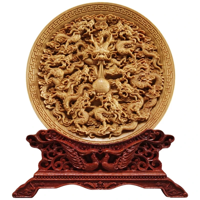 Thuja Wood 14CM Decorative Dish Sculpture Boat Wood Wealth Carving Lucky Gift Collection Dragon Phoenix Home Decor