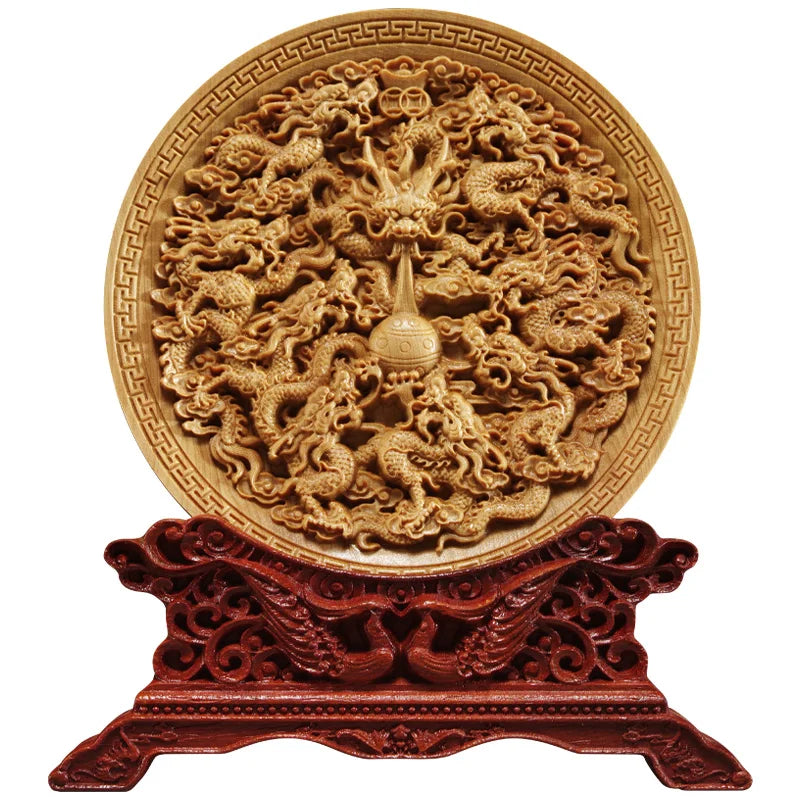 Thuja Wood 14CM Decorative Dish Sculpture Boat Wood Wealth Carving Lucky Gift Collection Dragon Phoenix Home Decor