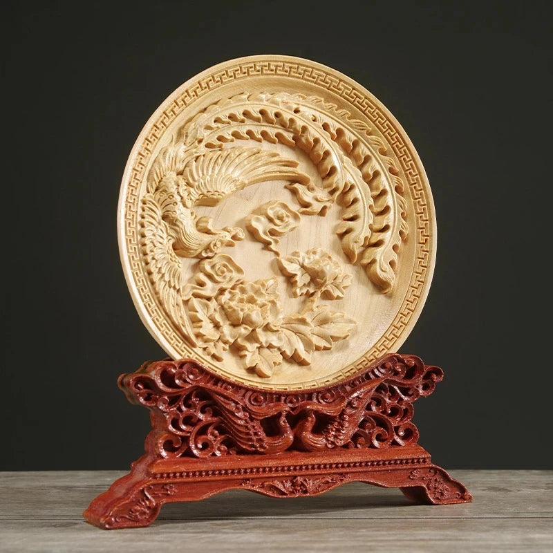 Thuja Wood 14CM Decorative Dish Sculpture Boat Wood Wealth Carving Lucky Gift Collection Dragon Phoenix Home Decor