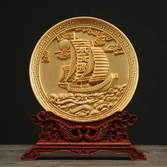 Thuja Wood 14CM Decorative Dish Sculpture Boat Wood Wealth Carving Lucky Gift Collection Dragon Phoenix Home Decor