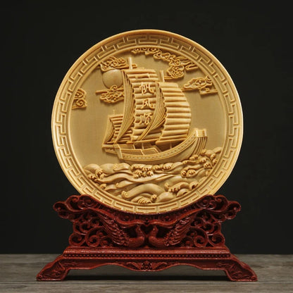 Thuja Wood 14CM Decorative Dish Sculpture Boat Wood Wealth Carving Lucky Gift Collection Dragon Phoenix Home Decor
