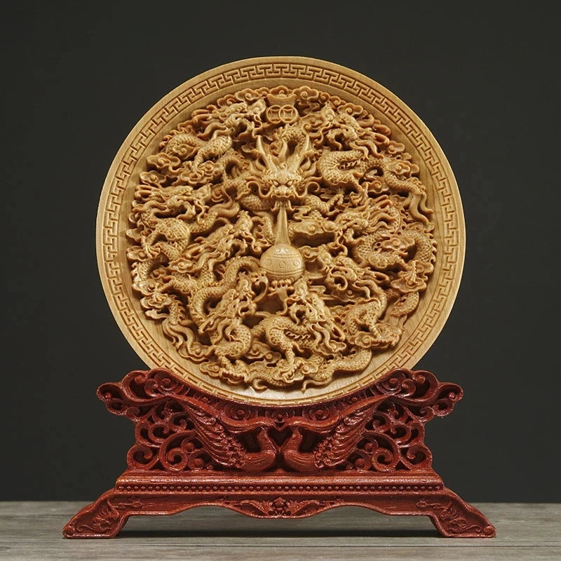 Thuja Wood 14CM Decorative Dish Sculpture Boat Wood Wealth Carving Lucky Gift Collection Dragon Phoenix Home Decor