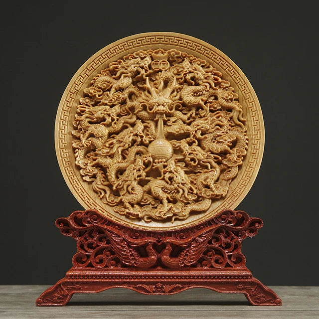 Thuja Wood 14CM Decorative Dish Sculpture Boat Wood Wealth Carving Lucky Gift Collection Dragon Phoenix Home Decor