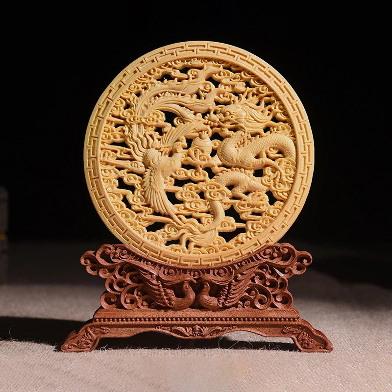 Thuja Wood 14CM Decorative Dish Sculpture Decorative Dish Hollow Wood Wealth Carving Lucky Gift Collection Dragon Home Decor