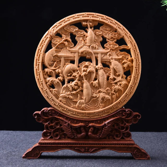 Thuja Wood 14CM Decorative Dish Sculpture Decorative Dish Hollow Wood Wealth Carving Lucky Gift Collection Dragon Home Decor