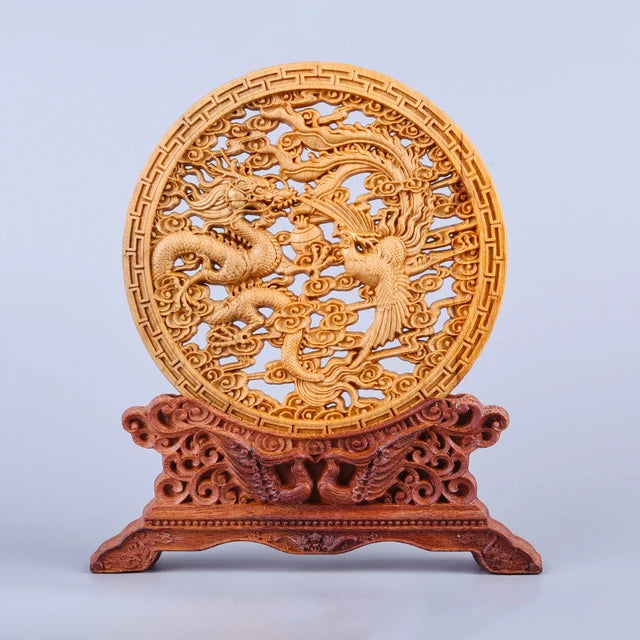 Thuja Wood 14CM Decorative Dish Sculpture Decorative Dish Hollow Wood Wealth Carving Lucky Gift Collection Dragon Home Decor