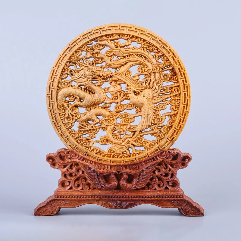 Thuja Wood 14CM Decorative Dish Sculpture Decorative Dish Hollow Wood Wealth Carving Lucky Gift Collection Dragon Home Decor