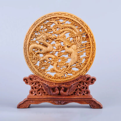 Thuja Wood 14CM Decorative Dish Sculpture Decorative Dish Hollow Wood Wealth Carving Lucky Gift Collection Dragon Home Decor