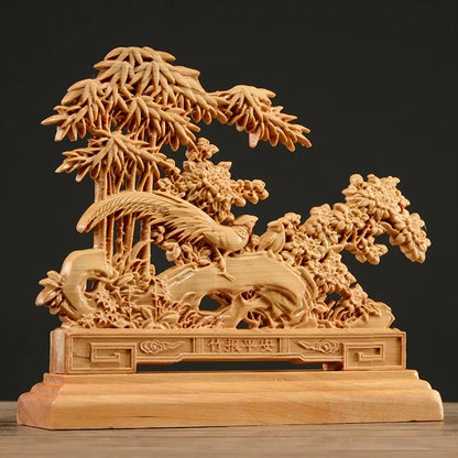 Thuja Wood 17CM Peacock Bamboo Sculpture Decorative Dish Hollow Wood Carving Lucky Gift Peace Animal Collection Home Decor