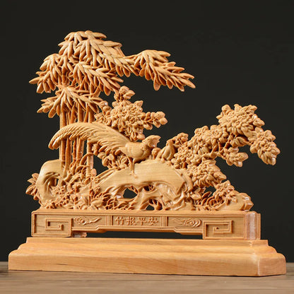 Thuja Wood 17CM Peacock Bamboo Sculpture Decorative Dish Hollow Wood Carving Lucky Gift Peace Animal Collection Home Decor