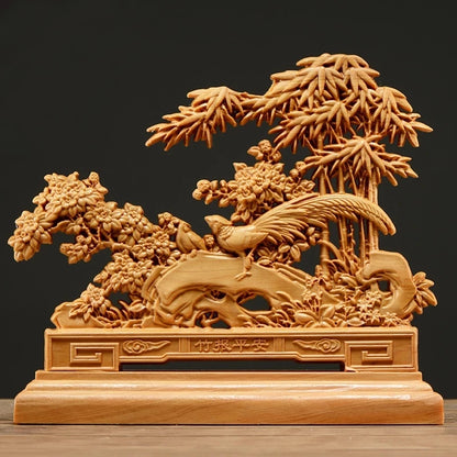 Thuja Wood 17CM Peacock Bamboo Sculpture Decorative Dish Hollow Wood Carving Lucky Gift Peace Animal Collection Home Decor