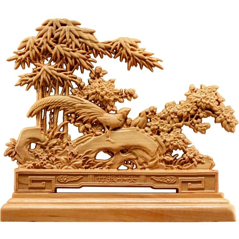 Thuja Wood 17CM Peacock Bamboo Sculpture Decorative Dish Hollow Wood Carving Lucky Gift Peace Animal Collection Home Decor