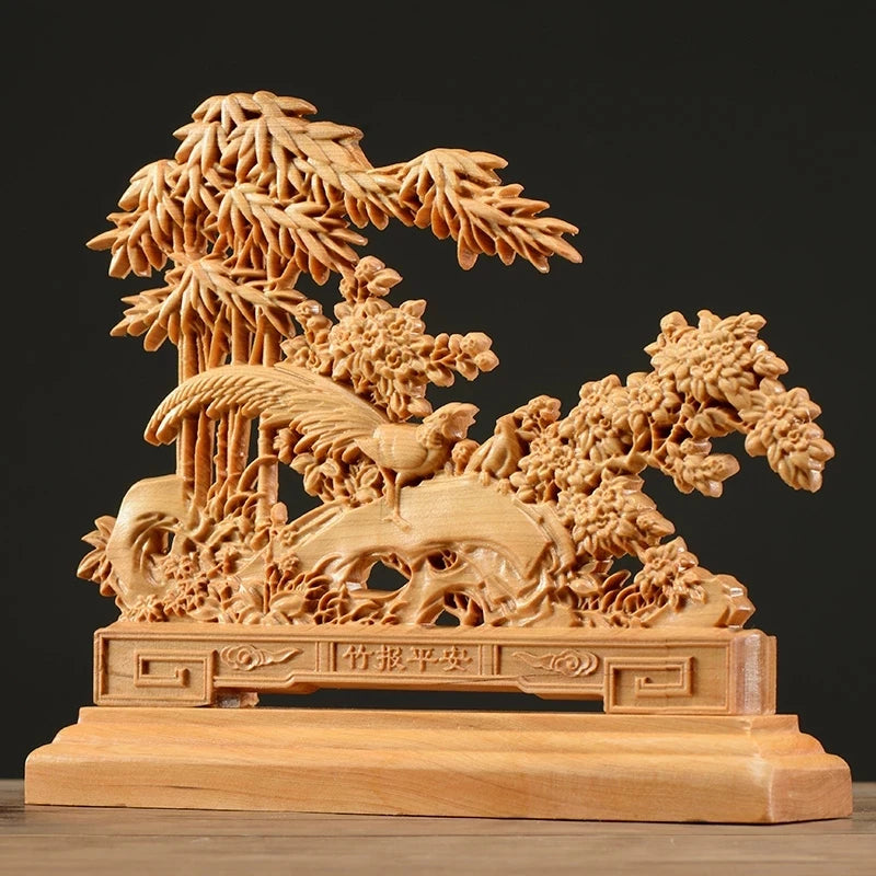 Thuja Wood 17CM Peacock Bamboo Sculpture Decorative Dish Hollow Wood Carving Lucky Gift Peace Animal Collection Home Decor