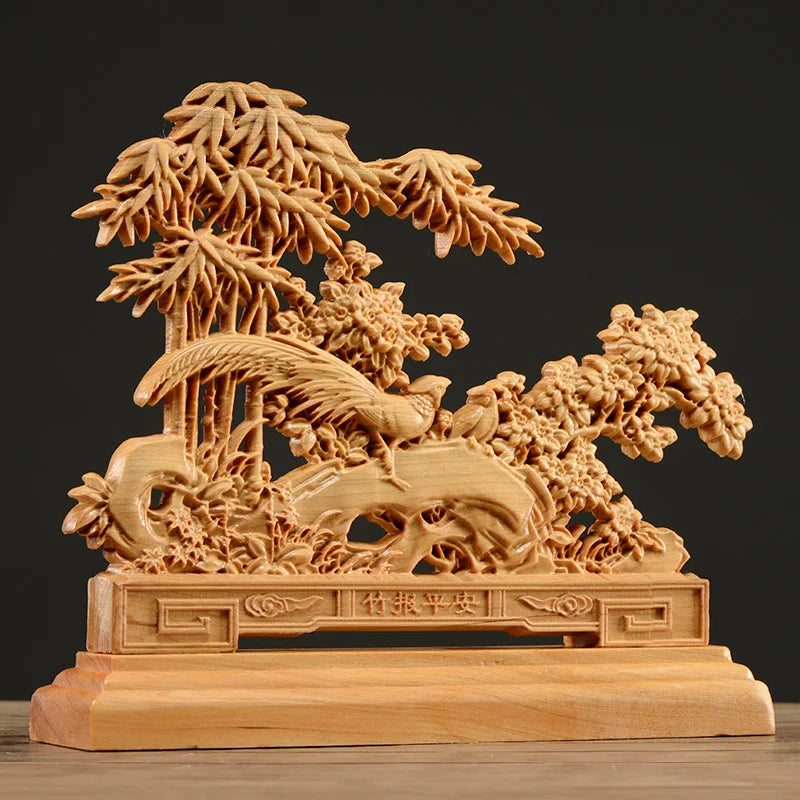 Thuja Wood 17CM Peacock Bamboo Sculpture Decorative Dish Hollow Wood Carving Lucky Gift Peace Animal Collection Home Decor