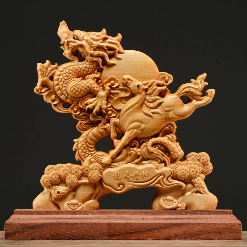 Thuja Wood 21CM Dragon Horse Sculpture Decorative Dish Hollow Wood Carving Lucky Gift Animal Collection Home Decor