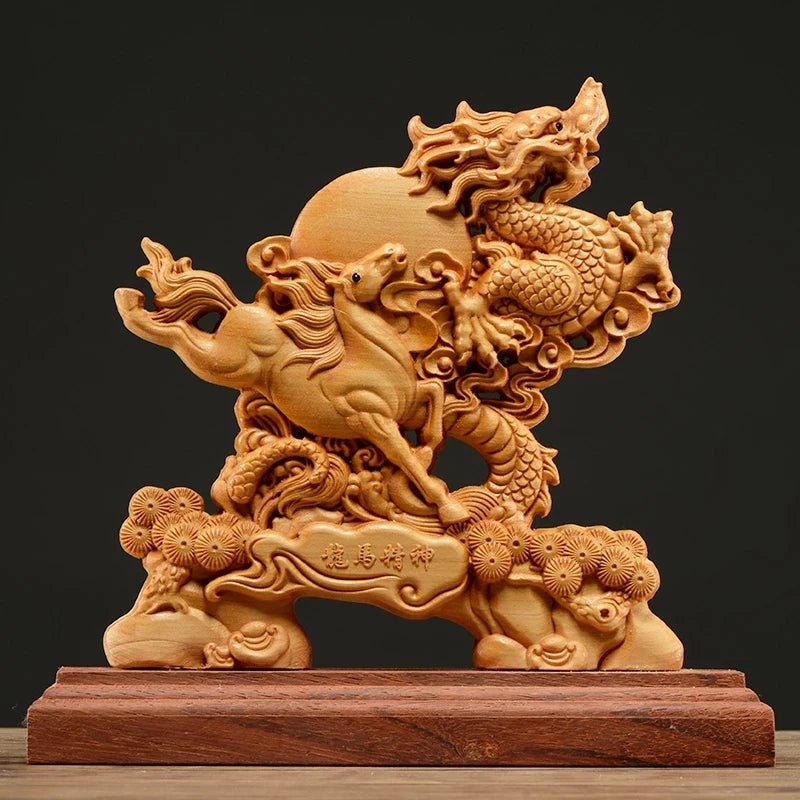 Thuja Wood 21CM Dragon Horse Sculpture Decorative Dish Hollow Wood Carving Lucky Gift Animal Collection Home Decor