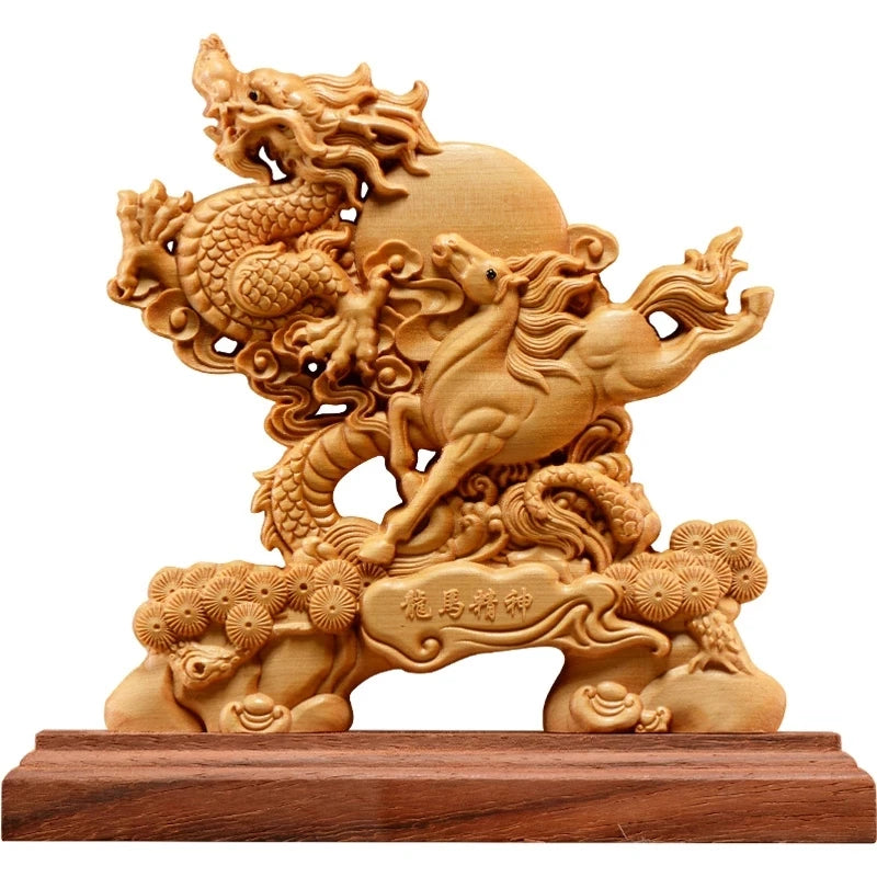 Thuja Wood 21CM Dragon Horse Sculpture Decorative Dish Hollow Wood Carving Lucky Gift Animal Collection Home Decor