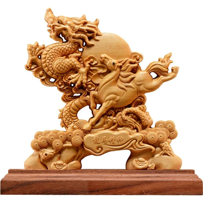 Thuja Wood 21CM Dragon Horse Sculpture Decorative Dish Hollow Wood Carving Lucky Gift Animal Collection Home Decor